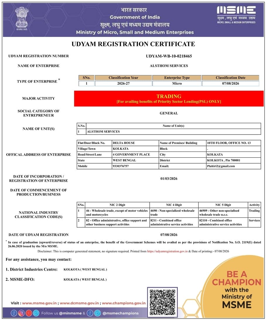 ALSTHOM SERVICES certificate